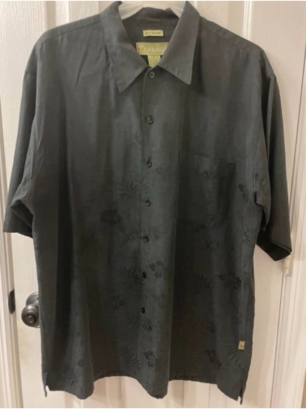 Cabana Silk Black Embossed Palm Flower Button Down Mens Shirt, Silk Black XL